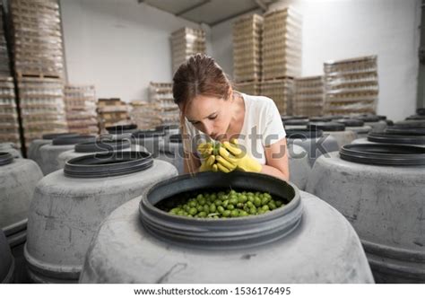 Worker Woman Smelling Olives Factory Warehouse Foto De Stock 1536176495