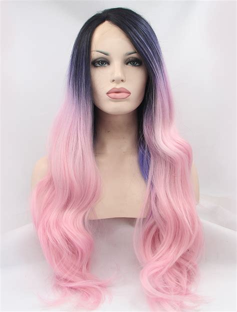 Lace Front Colorful Wigs 30 Wavy Synthetic Ombre 2 Tone Without Bangs