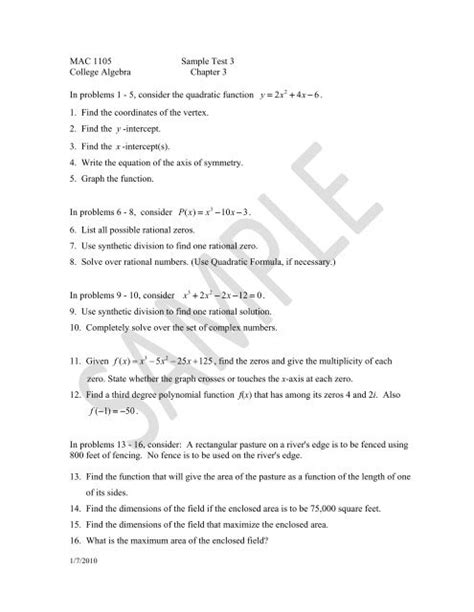 Mac 1105 Sample Test 3 College Algebra Chapter 3 In Problems 1