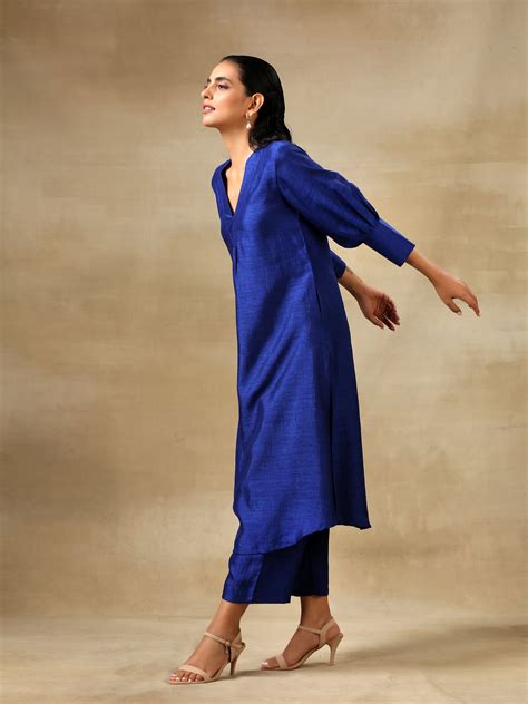 Blue Textured Silk Puff Sleeve Kurta Pant Set Truebrowns