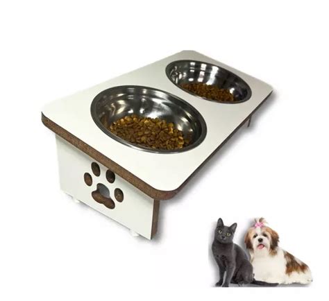 Comedouro Pet Elevado Duplo Gato E Cachorro Potes Inox Mdf