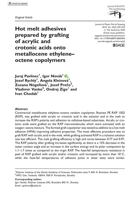 PDF Hot Melt Adhesives Prepared By Grafting Of Acrylic And Crotonic Acids Onto Metallocene