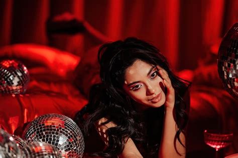 Premium Photo Portrait Of Smile Sexy Asian Girl Glam Makeup In Red Lace Lingerie Lying On Bed