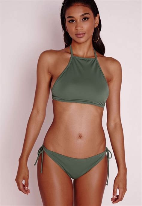 Missguided High Neck Bikini Top Khaki In Natural Khaki Lyst