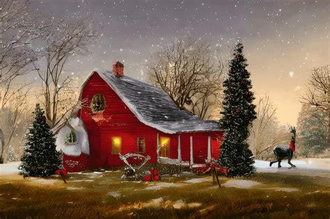 Idyllic Old Red Vintage Farmhouse Painting · Creative Fabrica