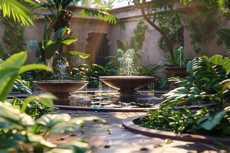 Premium Photo Tranquil Gardens With Bubbling Fountains