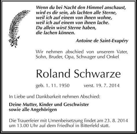 Traueranzeigen Von Roland Schwarze Abschied Nehmen De