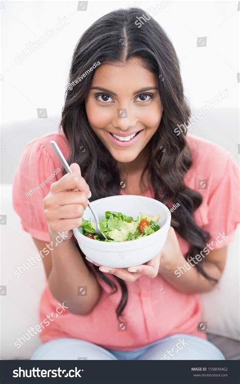 Cheerful Cute Brunette Sitting On Couch Stock Photo 159899462 Shutterstock