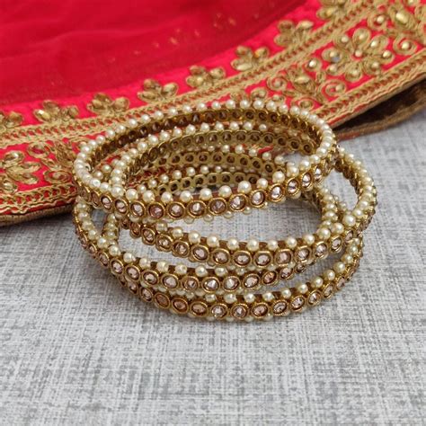 Antique Gold Pearl Kundan Stone Bangles Kangans Jewelry Photoshoot