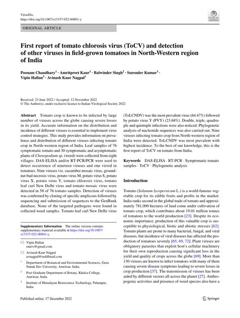 Pdf First Report Of Tomato Chlorosis Virus Tocv And Detection Of Other Viruses In Field