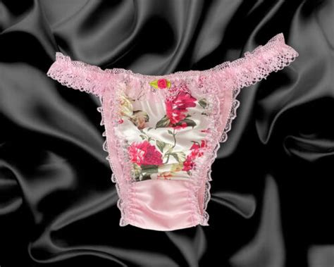 Baby Pink Satin Floral Silky Sissy Frilly Lace Bikini Tanga Knickers