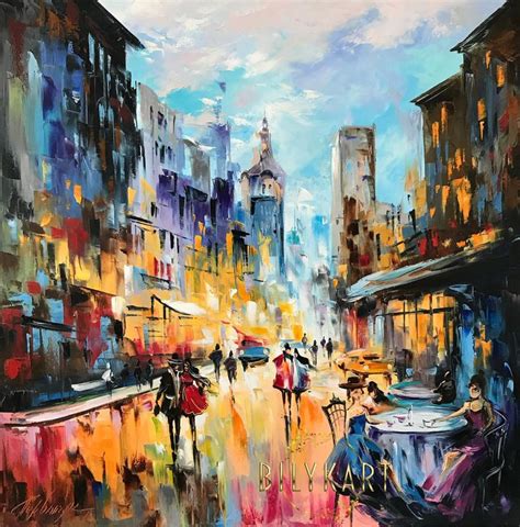 an oil painting of people walking in the rain on a city street with ...