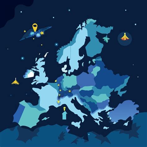 Europe night map illustration of cities lights from space at night ...