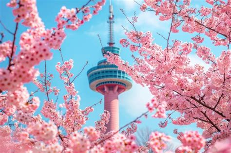 premium photo spring  seoul  cherry blossoms  seoul tower