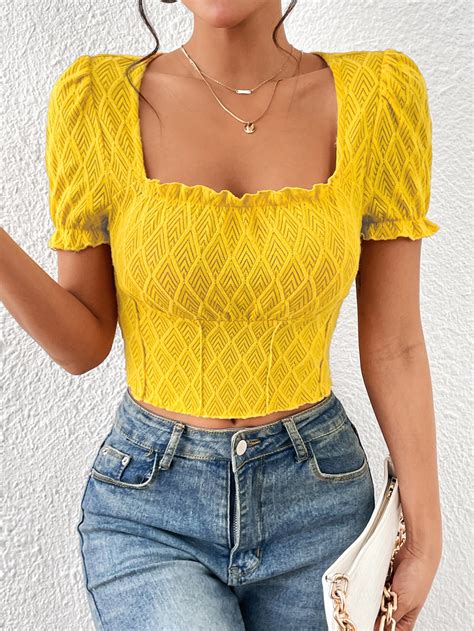 Shein Privé Crop T Shirt Mit Eckigem Ausschnitt Rüschenbesatz