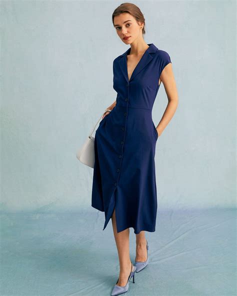 The Navy V Neck Button Cap Sleeve Midi Dress Navy Cap Sleeve V Neck