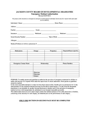 Fillable Online Jcbdd Emergency Authorization Form Jackson County