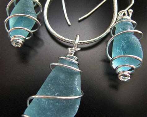 Sea Glass Necklace And Earrings T Set Seaglass Jewelry Beach Combed Aqua Blue Spiral