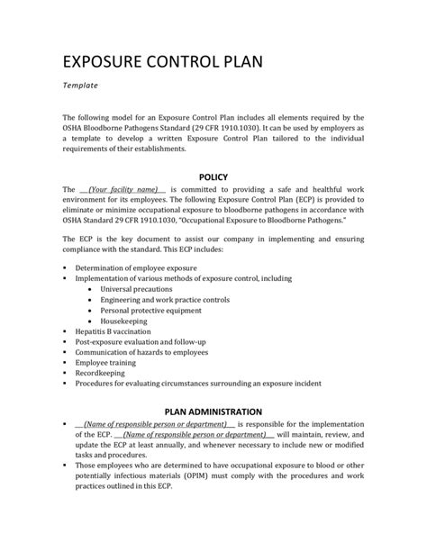 Bloodborne Pathogens Exposure Control Plan Template