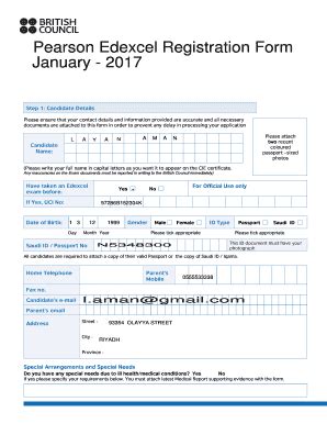 Fillable Online Ais Sch Pearson Edexcel Registration Form January