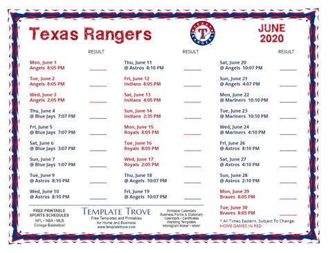 Printable 2020 Texas Rangers Schedule