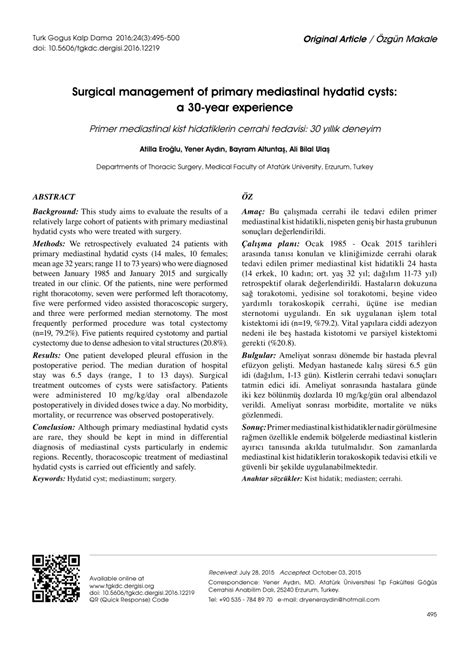 Pdf Surgical Management Of Primary Mediastinal Hydatid Cysts A