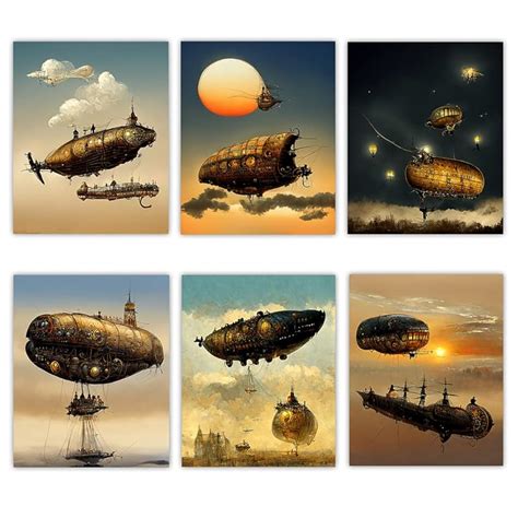 Steampunk Airships Art Prints Set Of Six Gallery Wall Photos 8x10 Unframed Print