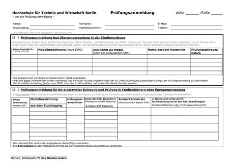 Formular Pruefungsanmeldung Deutsch Hochschule F R Technik Und