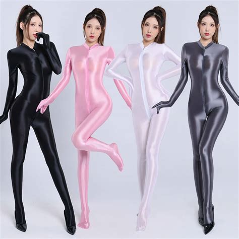 Womens Shiny Satin Full Body Lingerie Zipper Open Crotch Jumpsuit Catsuit Romper EBay