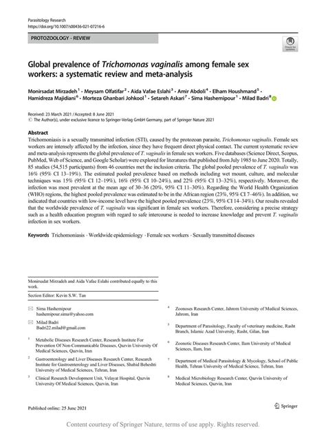 Pdf Global Prevalence Of Trichomonas Vaginalis Among Female Sex Workers A Systematic Review