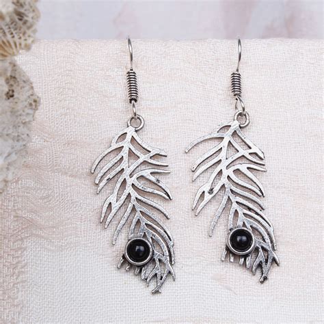 Ayesha Metallic Silver 3D Print Feather Earring With Black Stone Buy