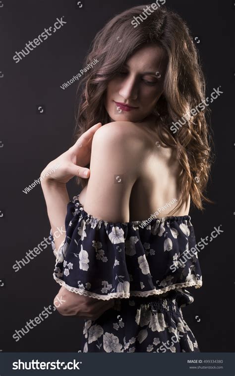 Sensual Brunette Model Naked Shoulders Dark Stock Photo