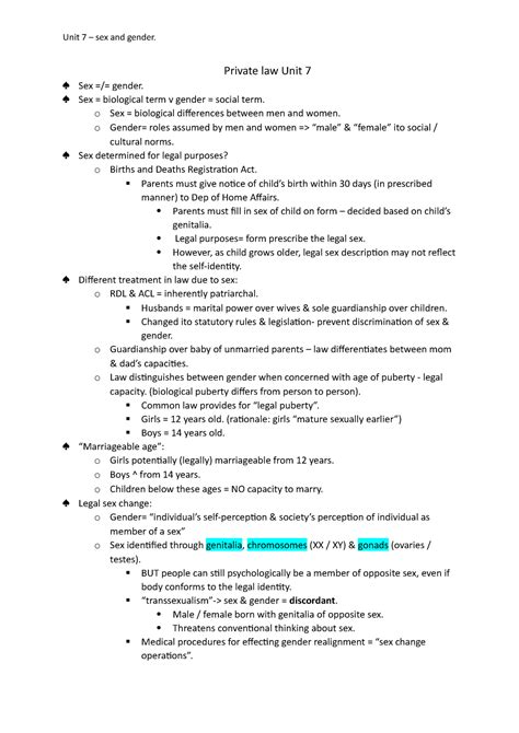 Unit 7 Easy To Understand Summaries Unit 7 Sex And Gender Private Law Unit 7 Sex