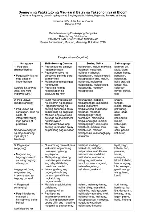 Bloom S Taxonomy Filipino Domeyn Ng Pagkatuto Ng Mag Aaral Batay Sa