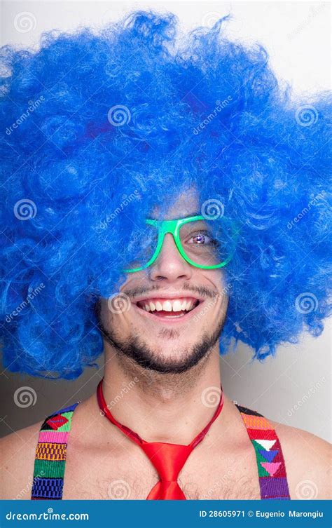 Funny Guy Naked With Blue Wig And Red Tie Stock Image Image Of Expression Happiness