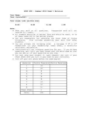 Fillable Online Stat Purdue STAT 225 Summer B2010b Exam 1 Solution Your