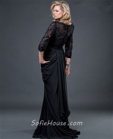 Formal Sheath Long Black Jersey Evening Dress With Beaded Lace Sleeves