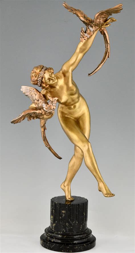 Art Deco Bronze Sculpture Nude With Parrots Cm Deconamic