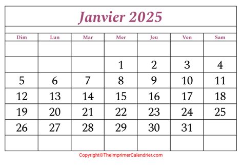 Calendrier Janvier 2025 PDF The Imprimer Calendrier