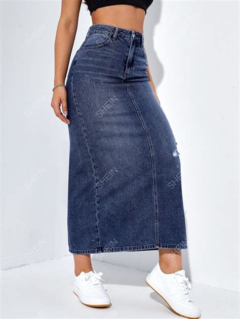 Shein Ezwear High Waist Ripped Split Back Denim Skirt Shein Usa