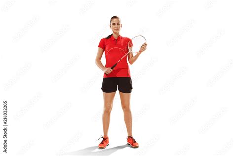 Young Woman Badminton Player Over White Studio Background Fit Female