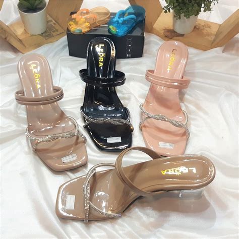 Jual LEORA Sandal Heels Hak Kaca Tinggi 5Cm Tali Silang Mutiara Sole