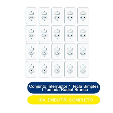 Kit 20 Conjunto Interruptor 1 Tecla Simples 1 Tomada 10A Embutir Radial