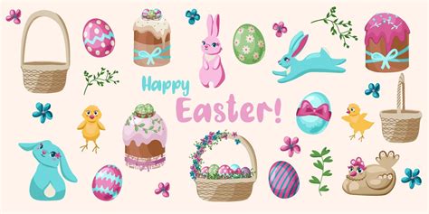 Set Of Cute Easter Cartoon Characters And Design Elements Easter Bunny