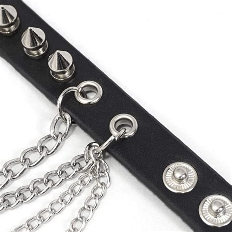 Womens Gothic Punk Black Faux Leather Chain And Studs Wristbands