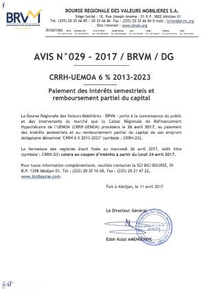 Avis N029 2017 BRVM DG Paiement des intérêts semestriels et