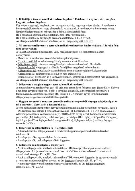 1 zh anyaga questions and answers 1 Definiálja a termodinamikai