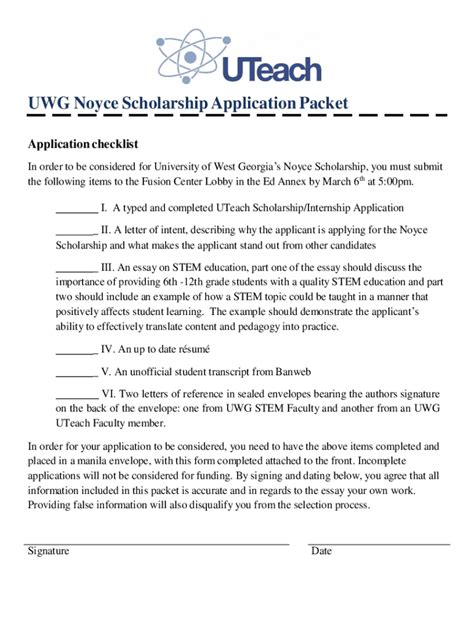 Fillable Online UWG Noyce Scholarship Application Packet University