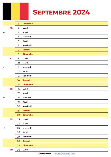 Calendrier Septembre 2024 Belgique à Imprimer Gratuit