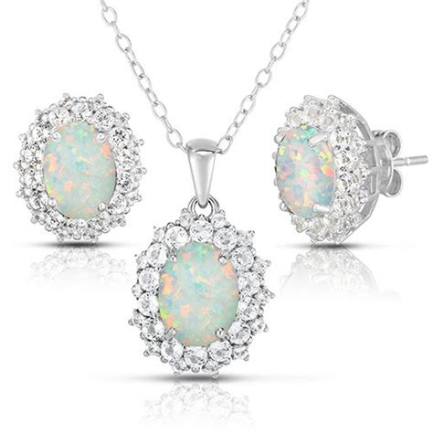 Oval Opal White Topaz Earrings Necklace Set Power Sales